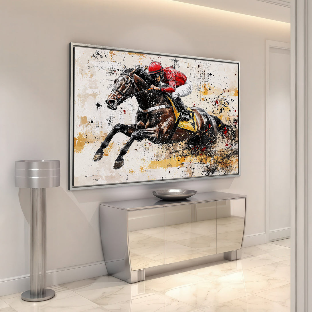Framed Wall Art featuring a dynamic horse racing scene in a modern, abstract style with a vibrant red, black, and gold color palette.