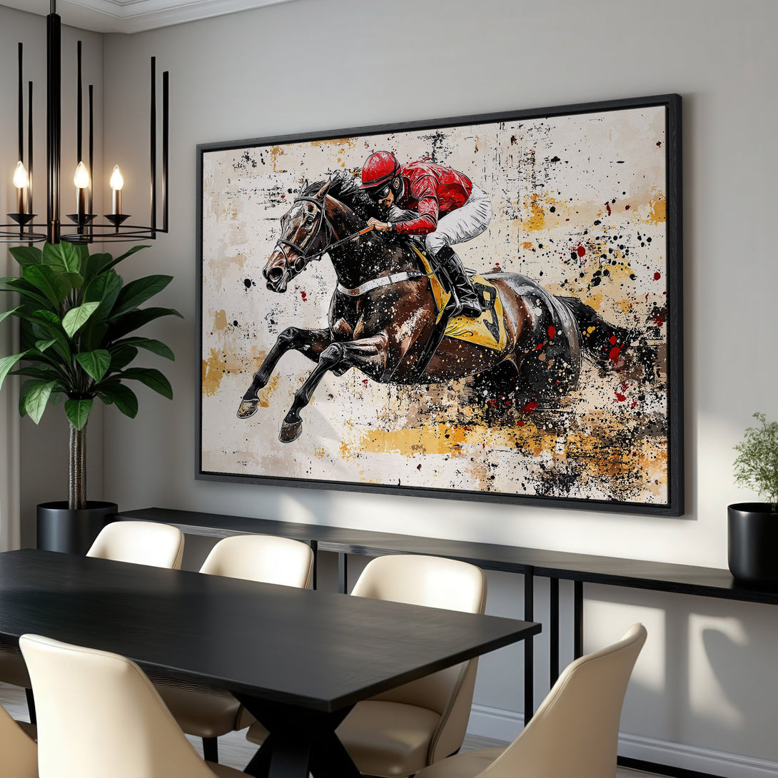 Framed Wall Art: Dynamic horse racing scene in a modern, abstract style. Bold red, black, and yellow color palette. Perfect for adding a touch of art to any room.