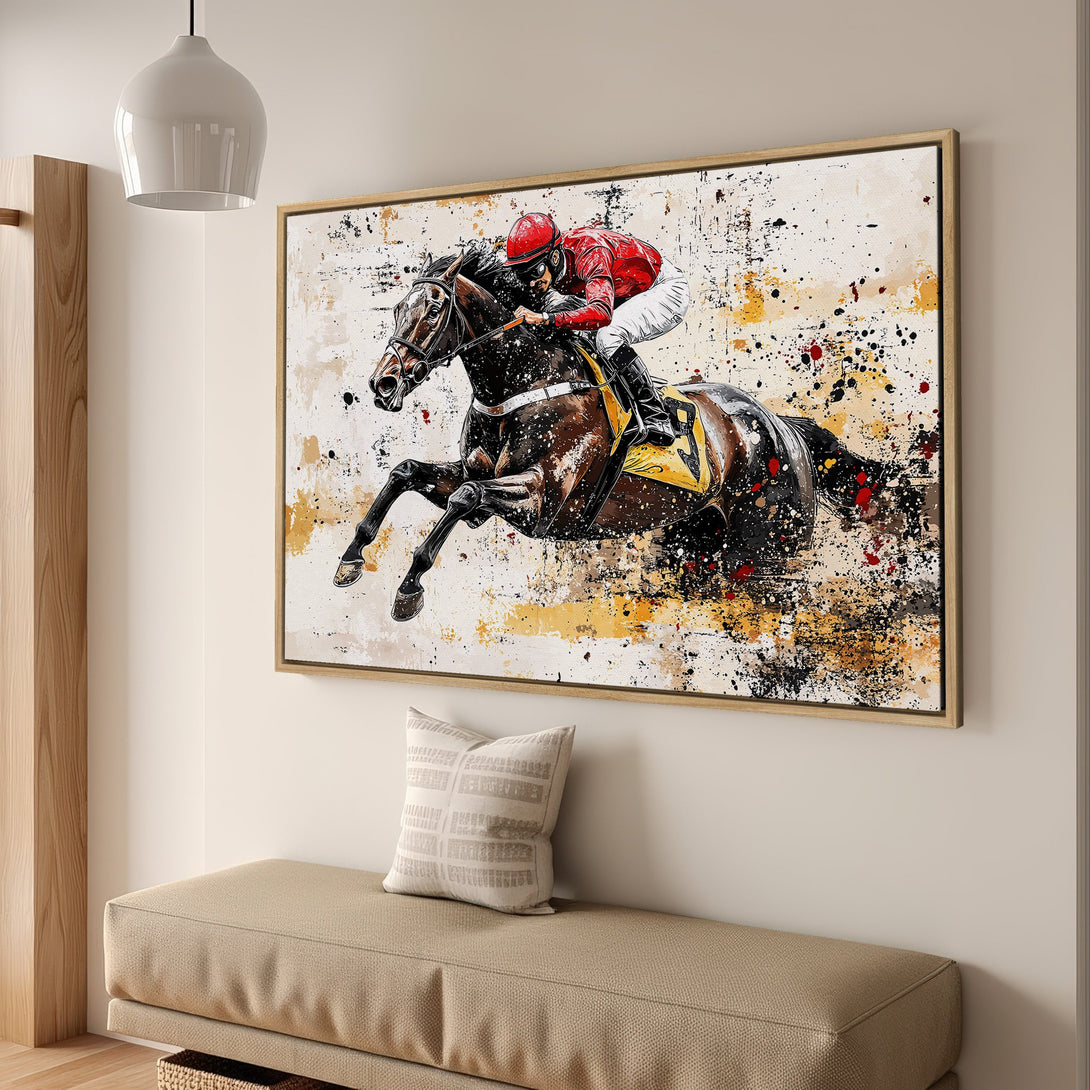 Framed Wall Art: Dynamic horse racing canvas print in a modern, abstract style. Features a vibrant palette of red, black, and yellow. Perfect for any space!