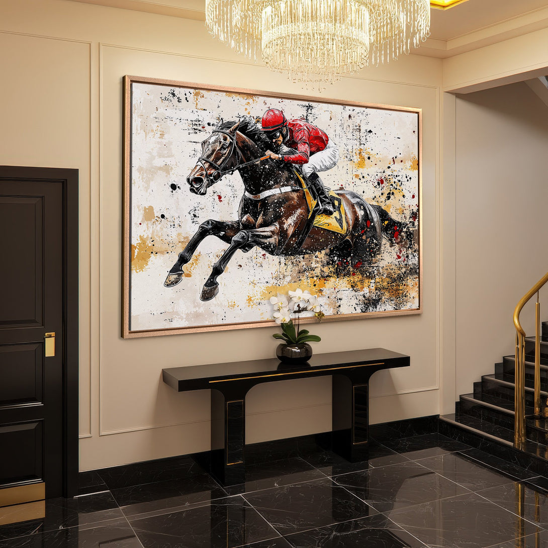 Framed Wall Art: Dynamic horse racing art in abstract style with red, black, and gold accents. Elevate your home decor with this stunning Canvas Print.