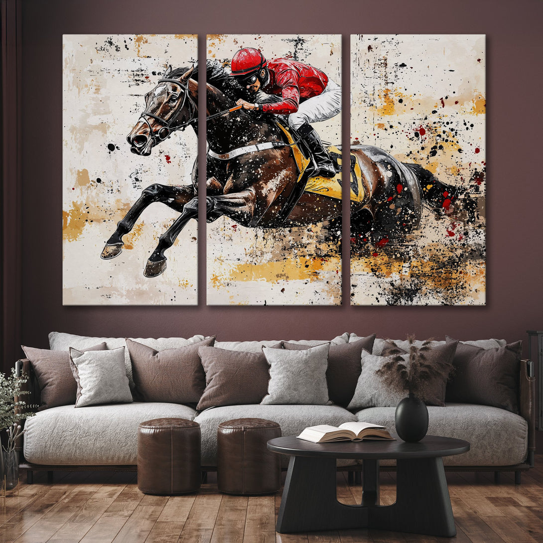 Canvas Print of a horse race in abstract style, featuring a jockey. Warm color palette with splashes of red and black. Perfect wall art.