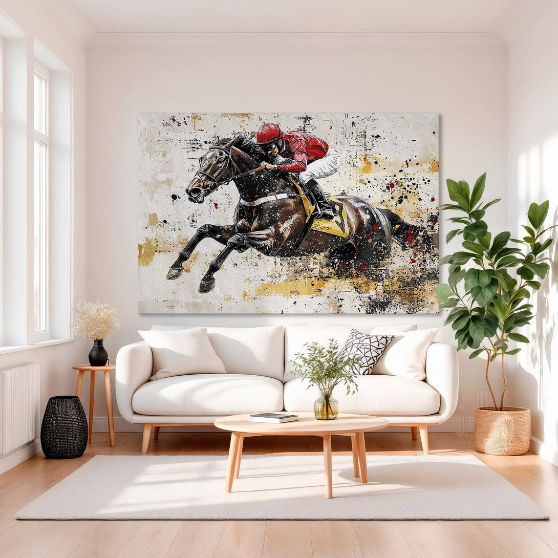 Framed Wall Art: Dynamic horse racing art in a modern, abstract style. Features a jockey in red, with a brown, gold, and white color palette. Perfect home decor.