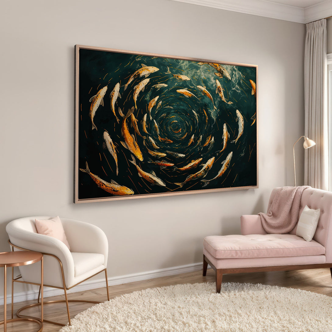 Framed Wall Art: Koi fish swimming in a spiral, teal and gold color palette. Modern art print for living room or bedroom decor.