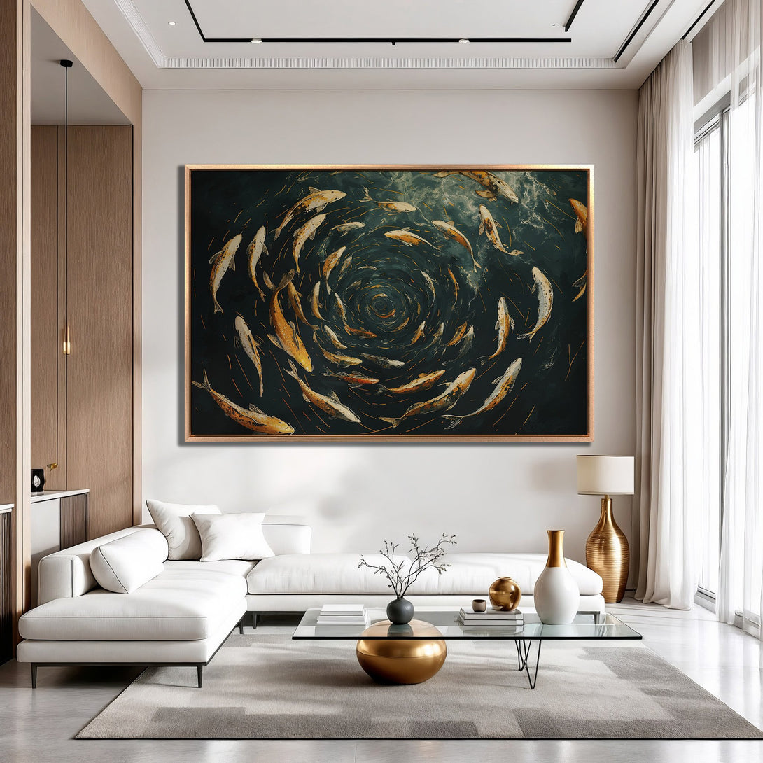 Framed Wall Art featuring a swirling school of fish in teal and gold, adding a touch of elegance to any interior.