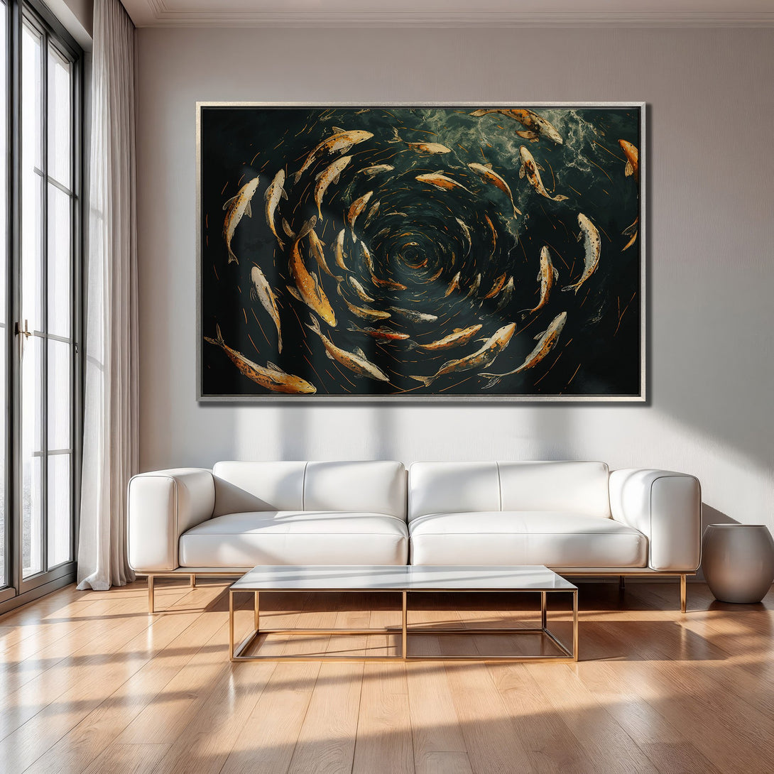 Framed Wall Art: Abstract painting of koi fish in a dark teal and gold palette, displayed above a white sofa in a modern interior.