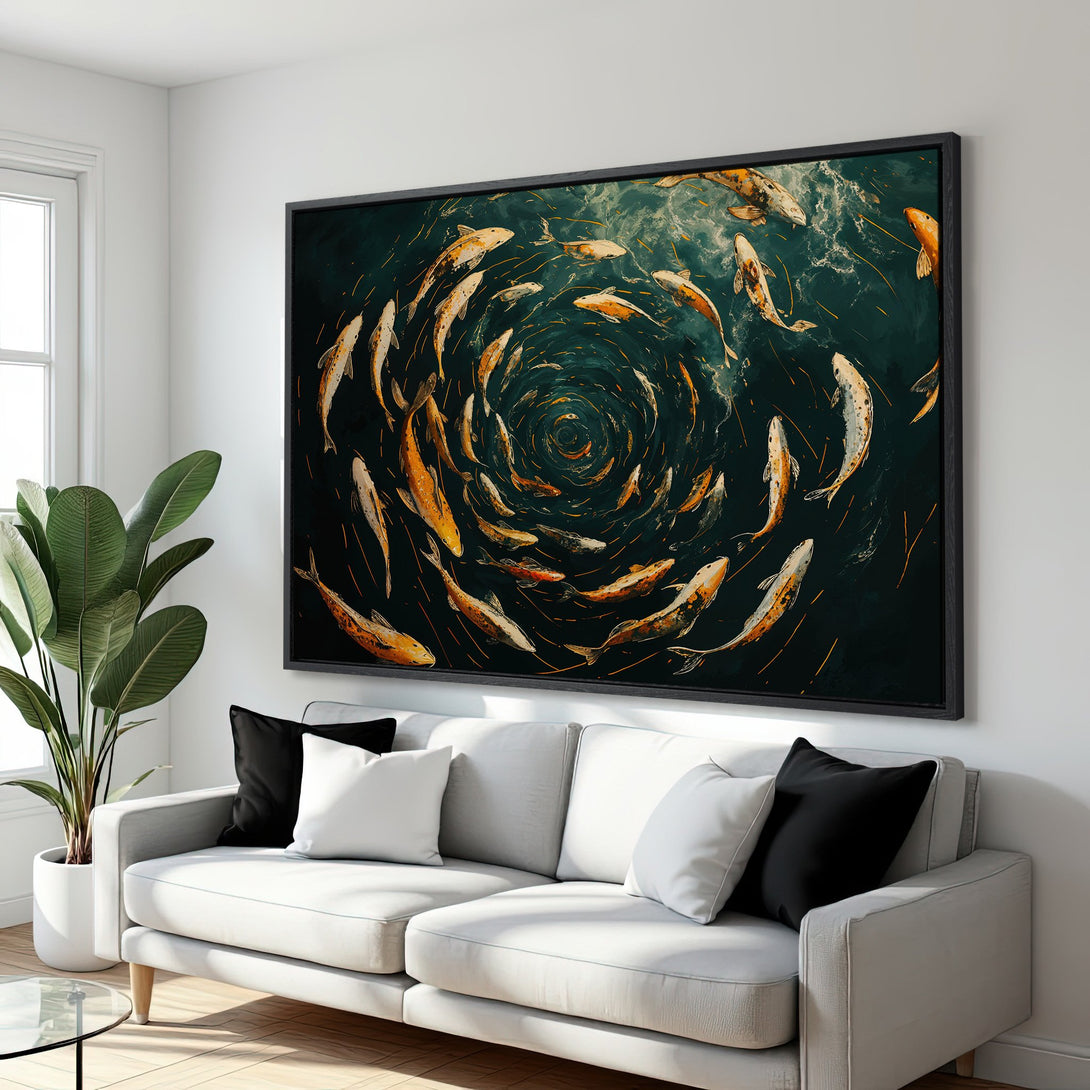 Framed Wall Art featuring a school of koi fish in a swirling pattern. Dramatic dark teal and orange color palette. Perfect for modern home decor.