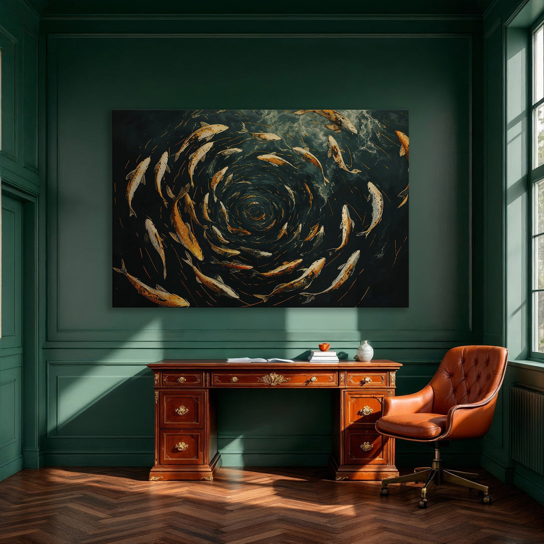 Framed Wall Art: Koi fish painting in a dark teal and gold palette, adding a touch of elegance to a modern dining room.