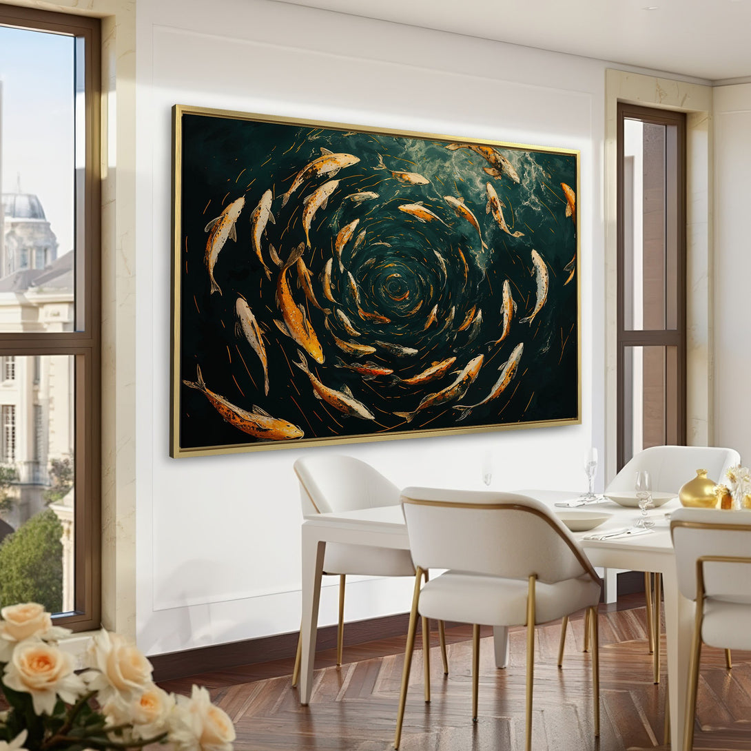Canvas Print of swirling fish artwork in a dark, moody color palette. Perfect for adding artistic flair to your home or office.