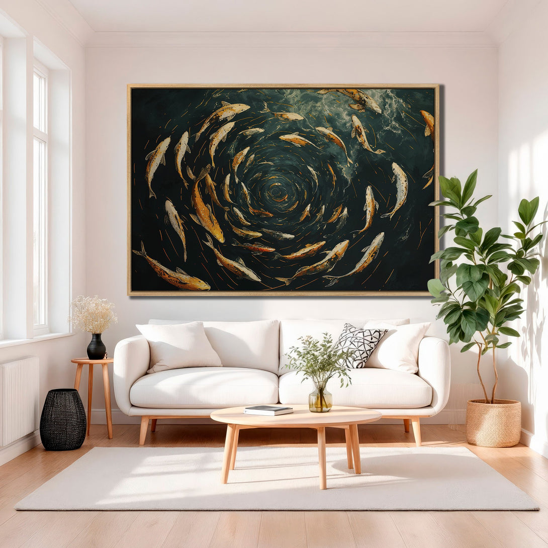 Framed Wall Art: Stunning abstract painting of koi fish in a spiral. Dark teal and gold color palette. Modern art for living room decor.