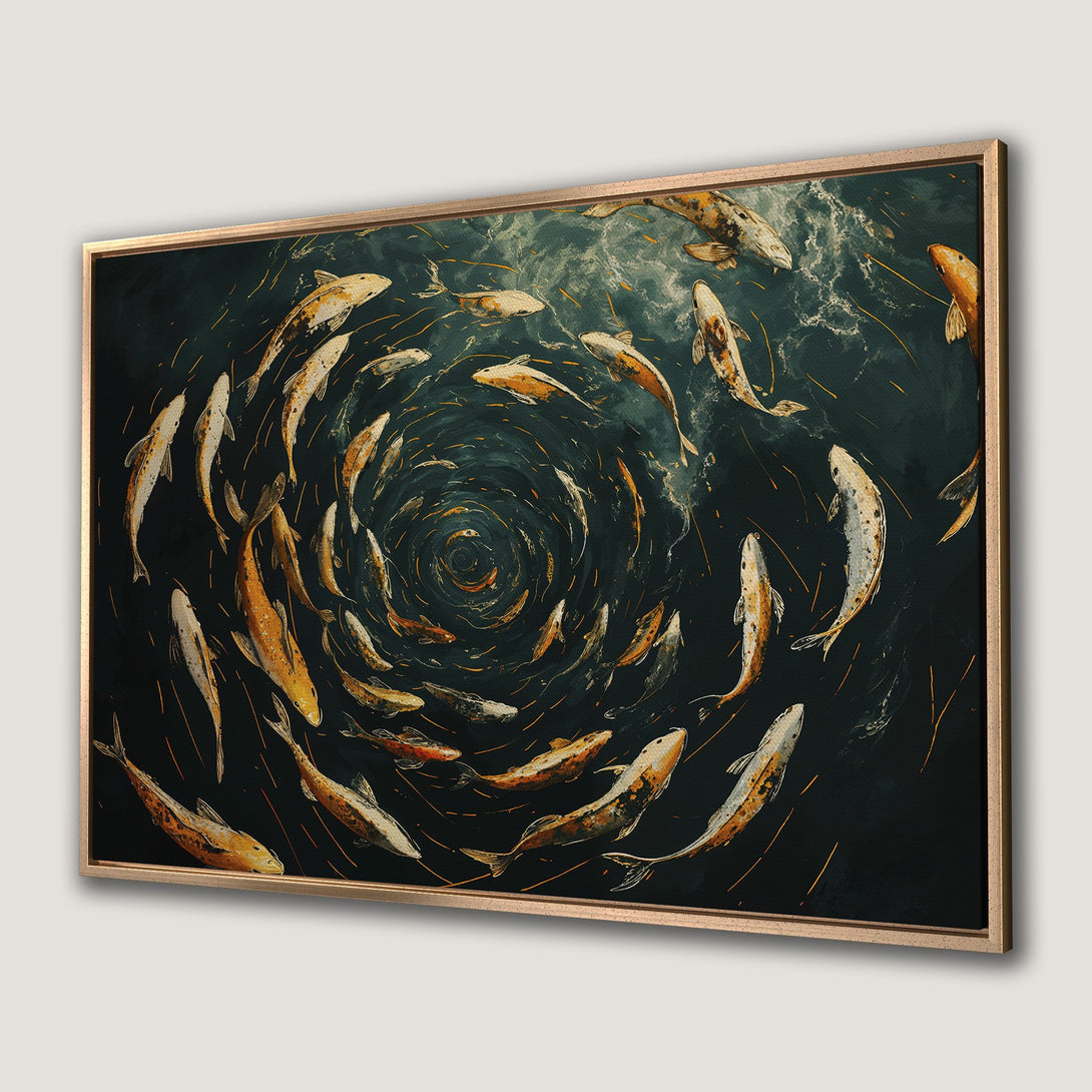 Framed Wall Art: Abstract koi fish painting in teal, gold, and white. Modern art Canvas Print for a calming, artistic touch.