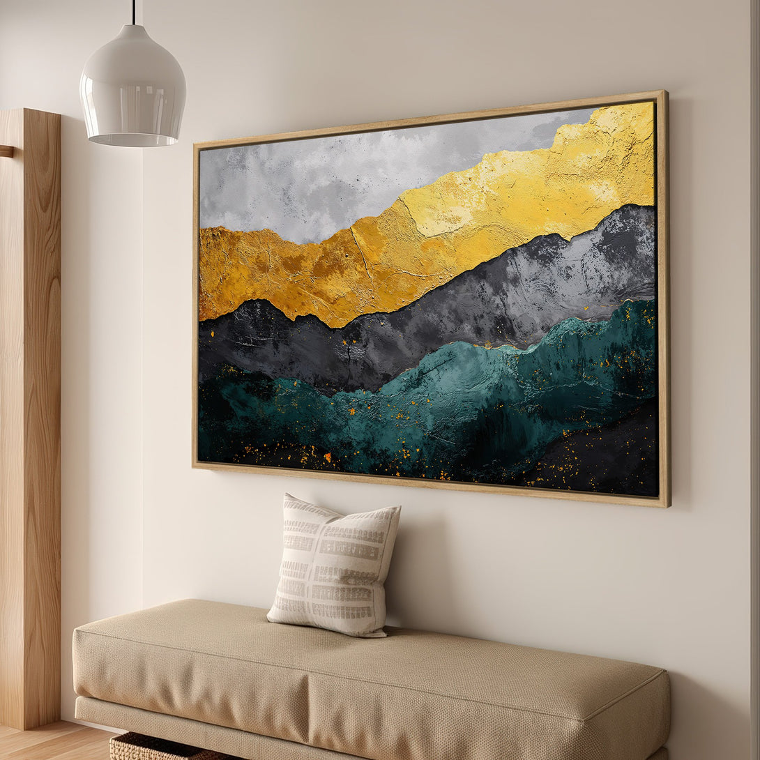Framed Wall Art: Abstract mountain landscape in gold, gray, and teal. Modern art canvas print adds a touch of luxury to your home decor.