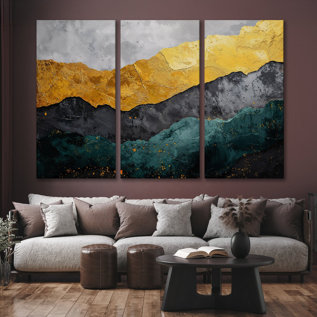 Abstract mountain Canvas Print in gold, gray, and teal. Modern wall art for living room decor.