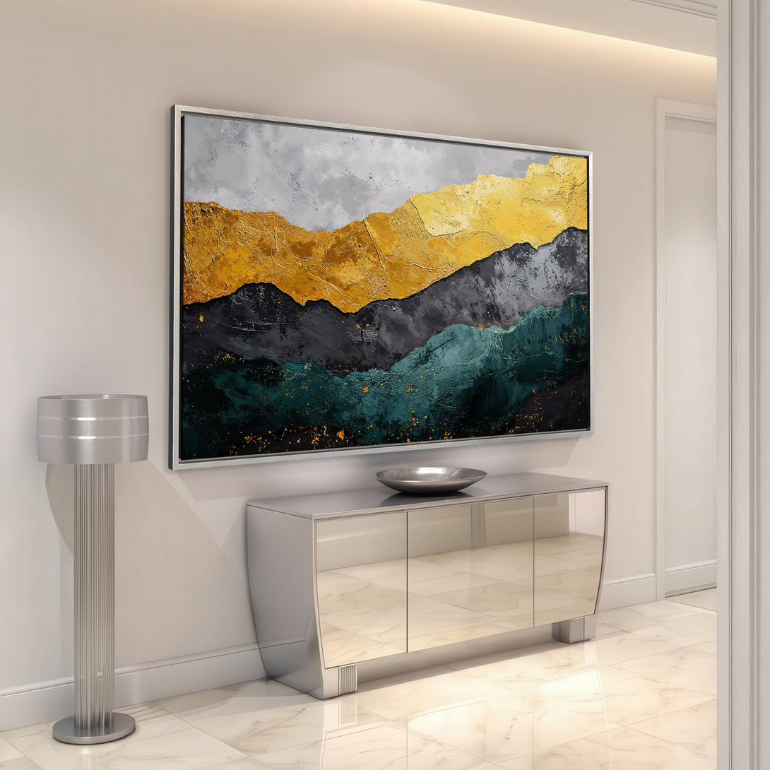 Framed Wall Art: Abstract mountain landscape in gold, gray, and teal. Modern art for home decor. Elevate your space with this stunning canvas print.