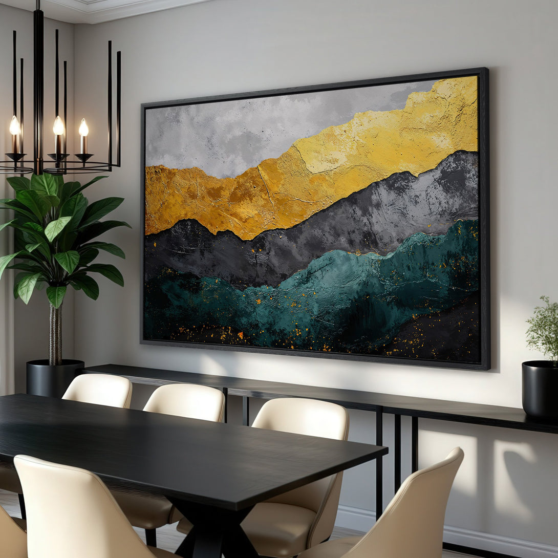 Framed Wall Art: Abstract mountain landscape Canvas Print in gold, gray, and teal. Modern art for your home decor.