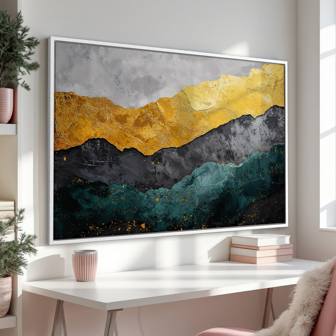 Framed Wall Art featuring abstract mountain landscape in gold, gray, and teal. Modern art print to elevate your home decor.