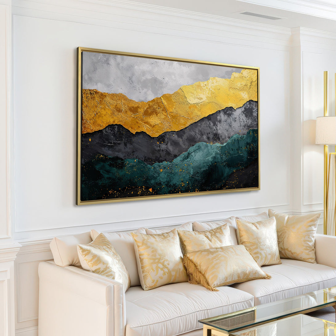 Abstract mountain Canvas Print in gold, gray, and teal. Modern art for living room decor.