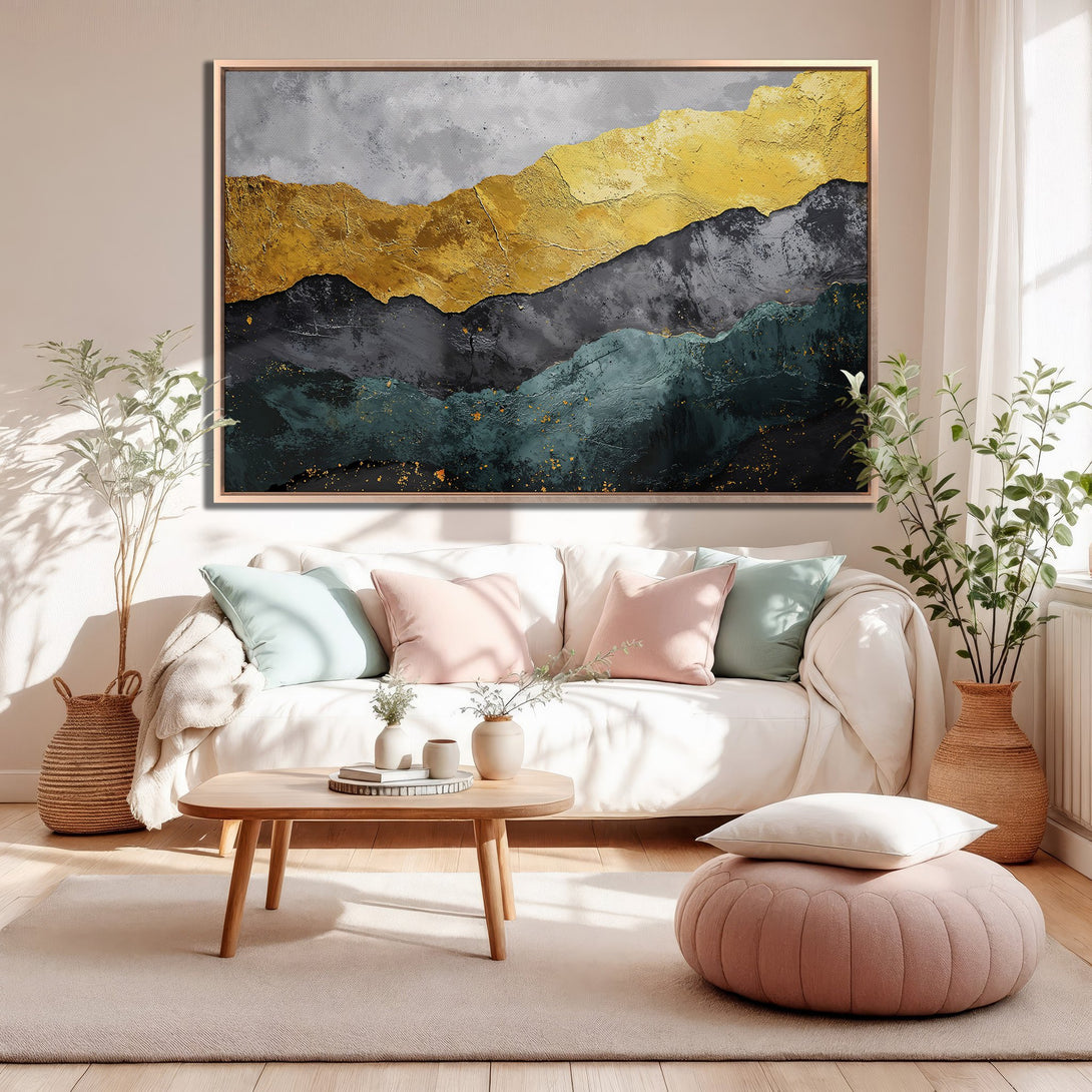 Framed Wall Art: Abstract mountain landscape in gold, gray, and teal. Modern art canvas print adds a touch of elegance to any living room.