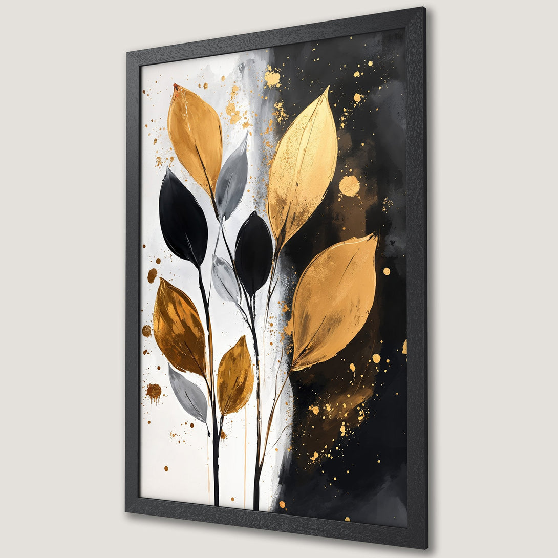 Framed Poster featuring abstract gold leaf art on black & white background. Modern wall decor with a touch of elegance.