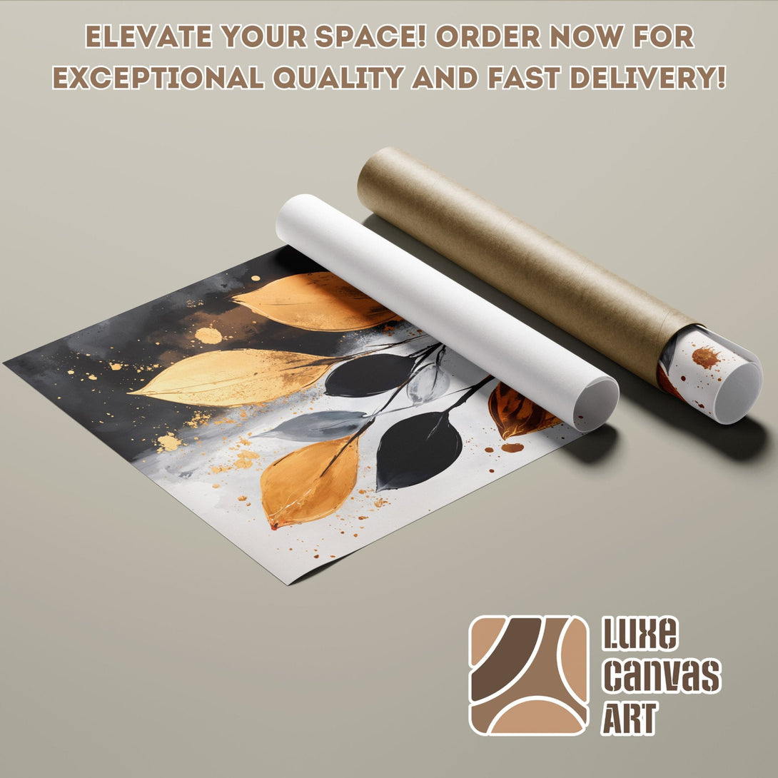 Abstract leaf art Poster Roll in gold, black, and gray. Elevate your space with Luxe Canvas Art!