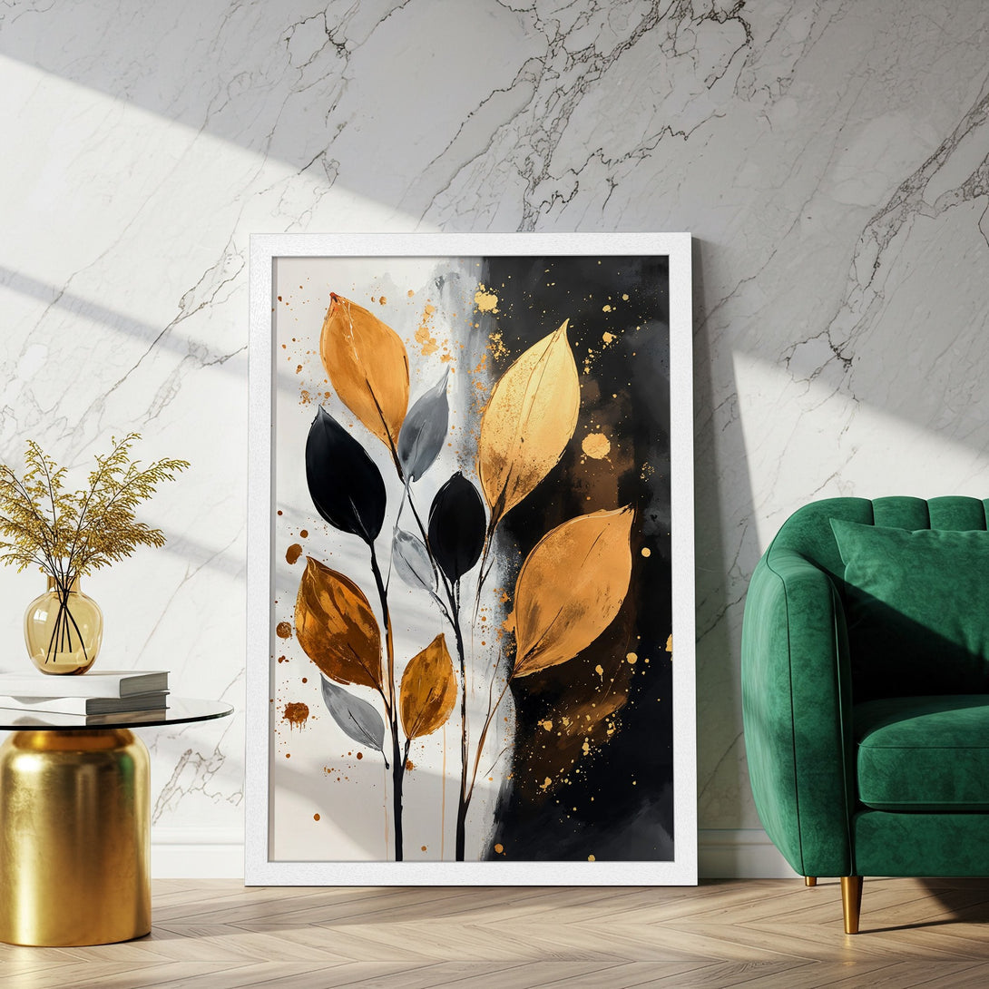 Framed Poster featuring abstract gold leaf art. Modern style with a black, white, and gold color palette. Perfect wall decor.