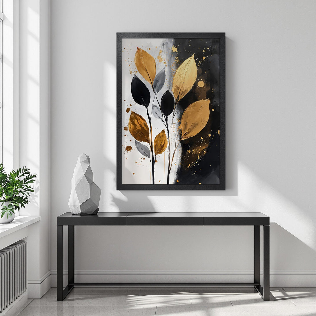 Framed Poster featuring abstract gold and black leaves. Modern art print with a neutral color palette, perfect for home decor.