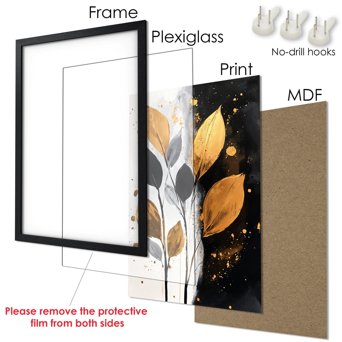 Framed Poster with gold leaf art on black background. Modern wall decor. Ready to hang.