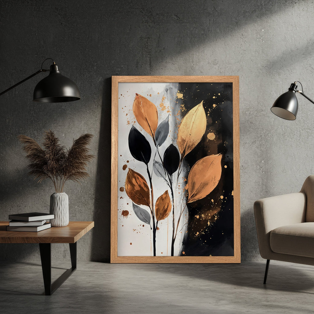 Framed Poster featuring abstract botanical art in black, gold, and neutral tones. Modern art print for home decor.
