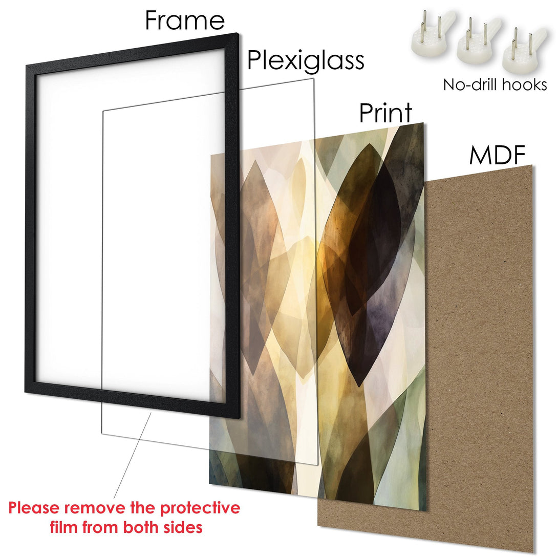 Framed Poster with abstract geometric art in a warm, earthy color palette. Ready to hang!