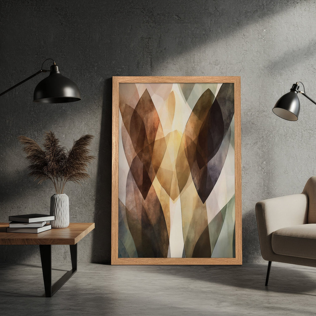 Framed Poster featuring abstract leaf design with a warm, earthy color palette. Modern art print for home decor.