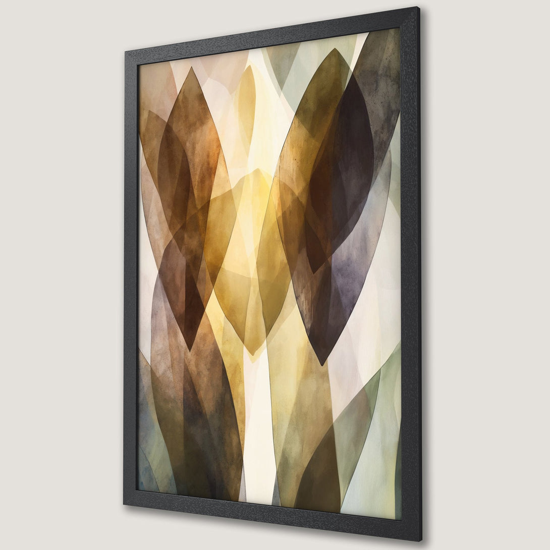 Framed Poster featuring abstract leaf design in earthy tones. Modern art print with warm brown, gold, and green color palette for stylish home decor.