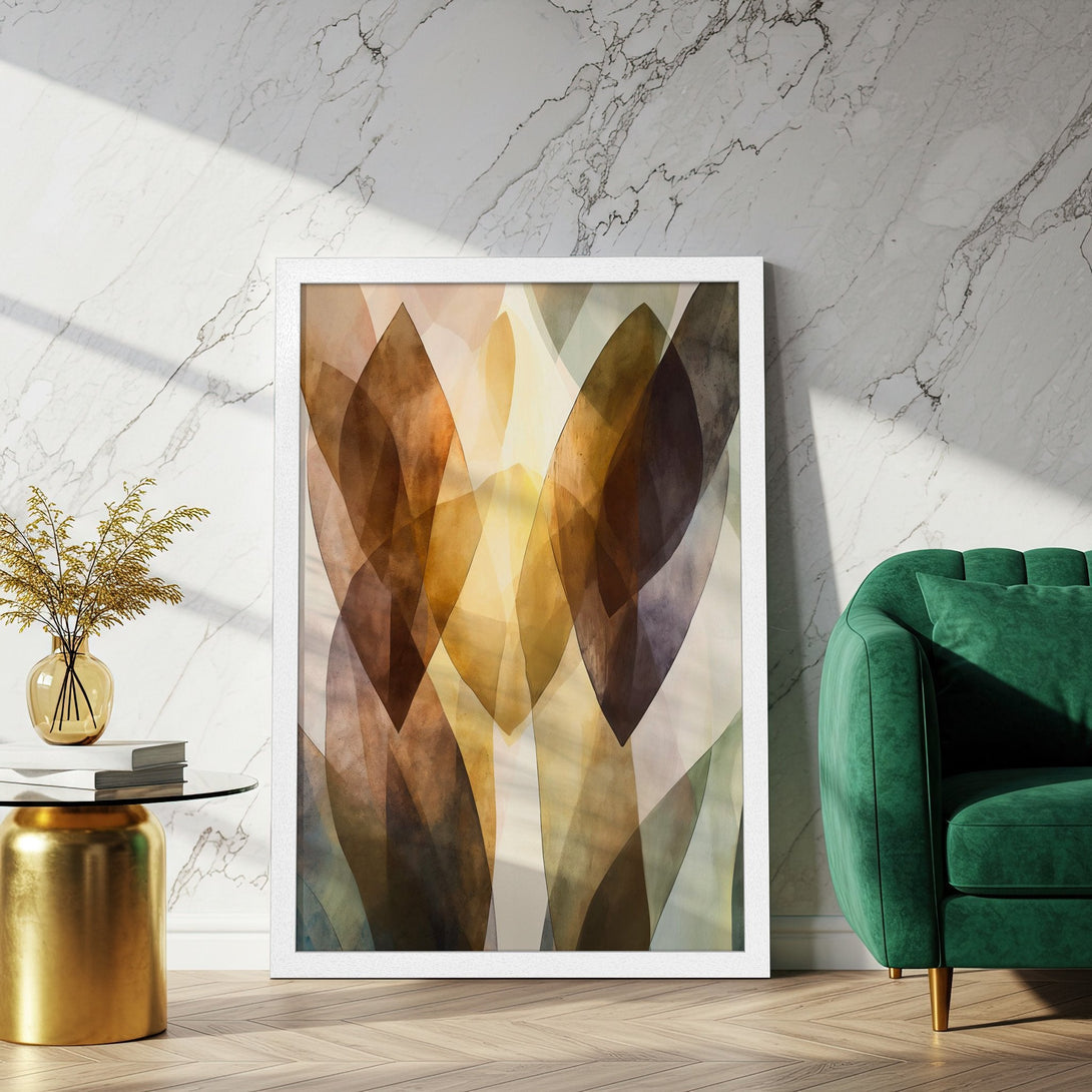 Framed Poster featuring abstract botanical art in warm earth tones. Perfect wall decor for a modern living room.
