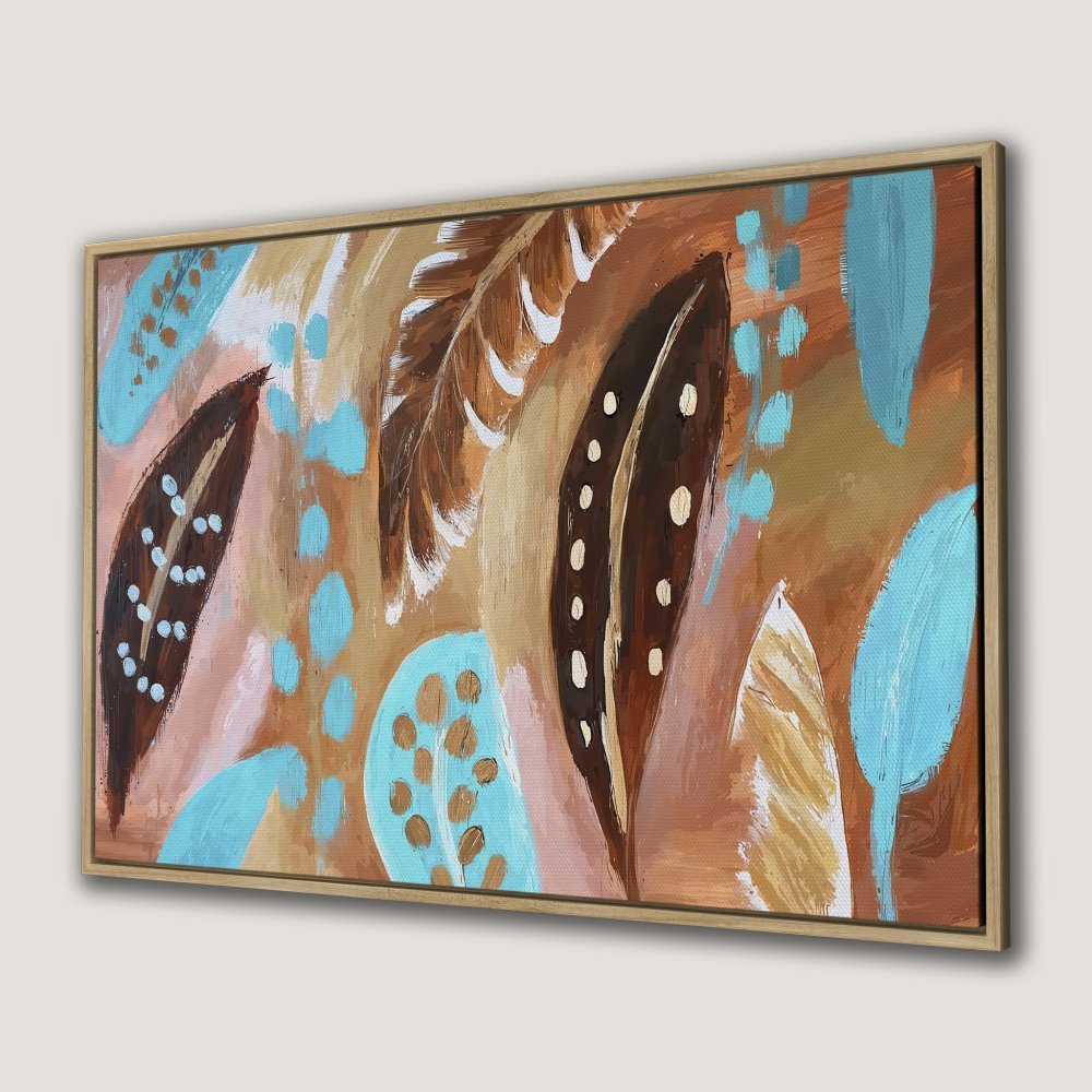 Abstract feather Canvas Print in earthy tones with pops of turquoise. Modern wall art for a stylish home.