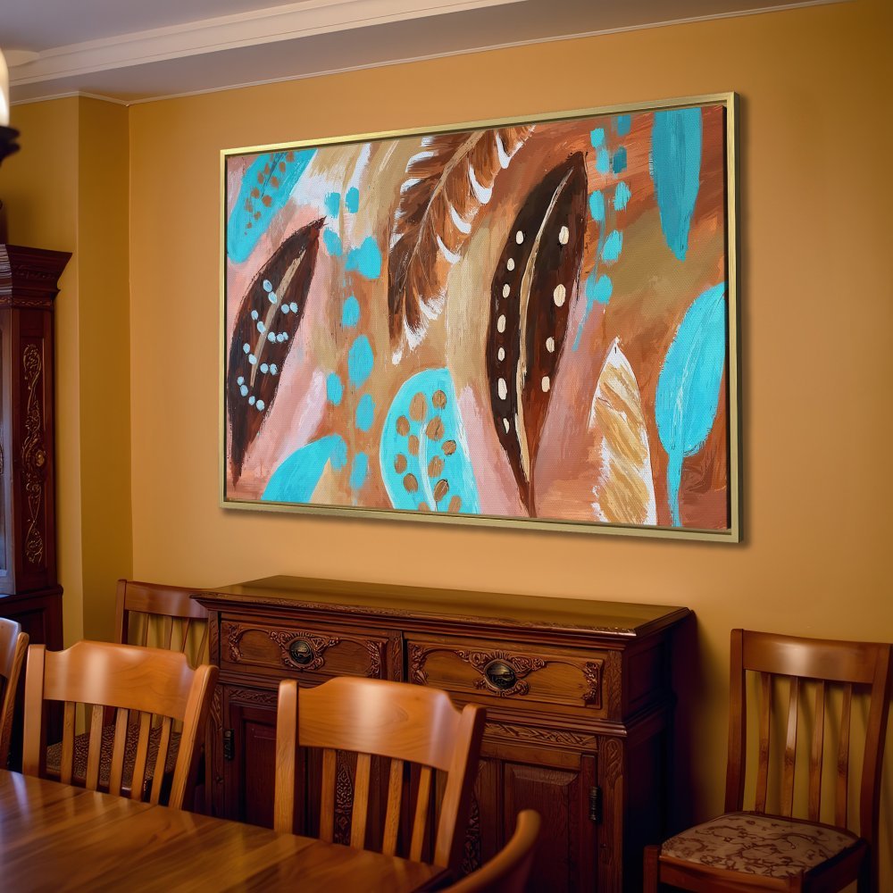 Abstract Canvas Print featuring earthy tones and turquoise accents. Perfect for living room decor!