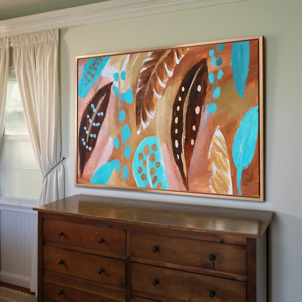 Framed Wall Art: Abstract feather design in warm brown, teal, and gold hues. Perfect for adding a pop of color to your home decor.