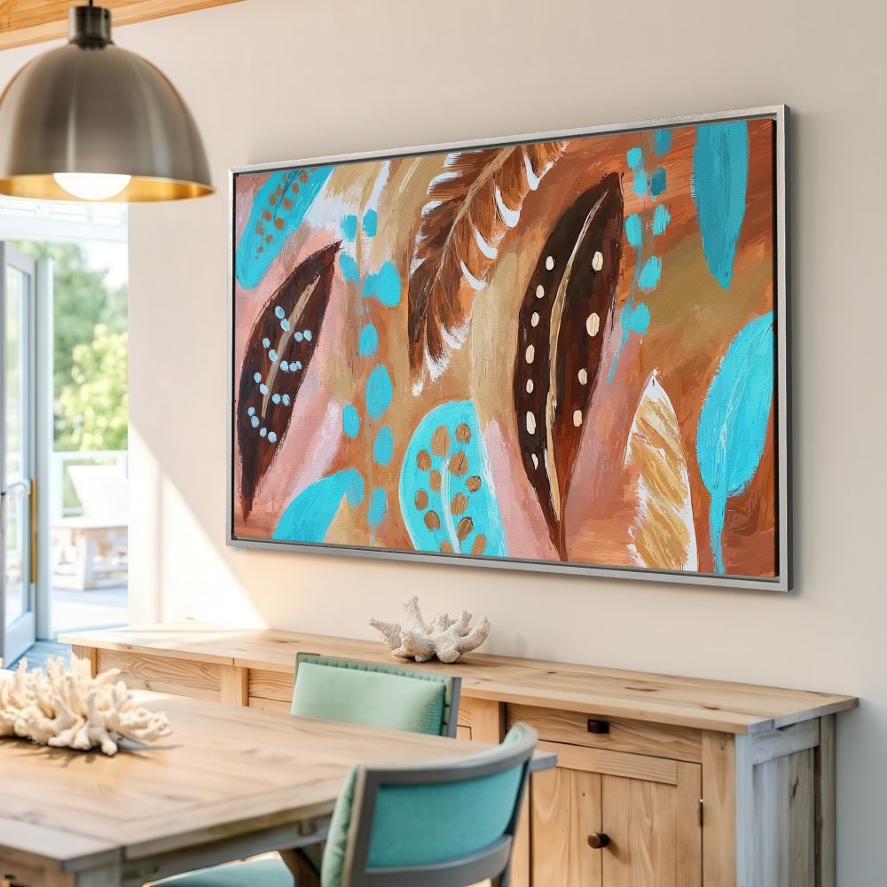 Framed Wall Art: Abstract feather design in brown, turquoise, and gold. Modern canvas print adds a pop of color to any room.