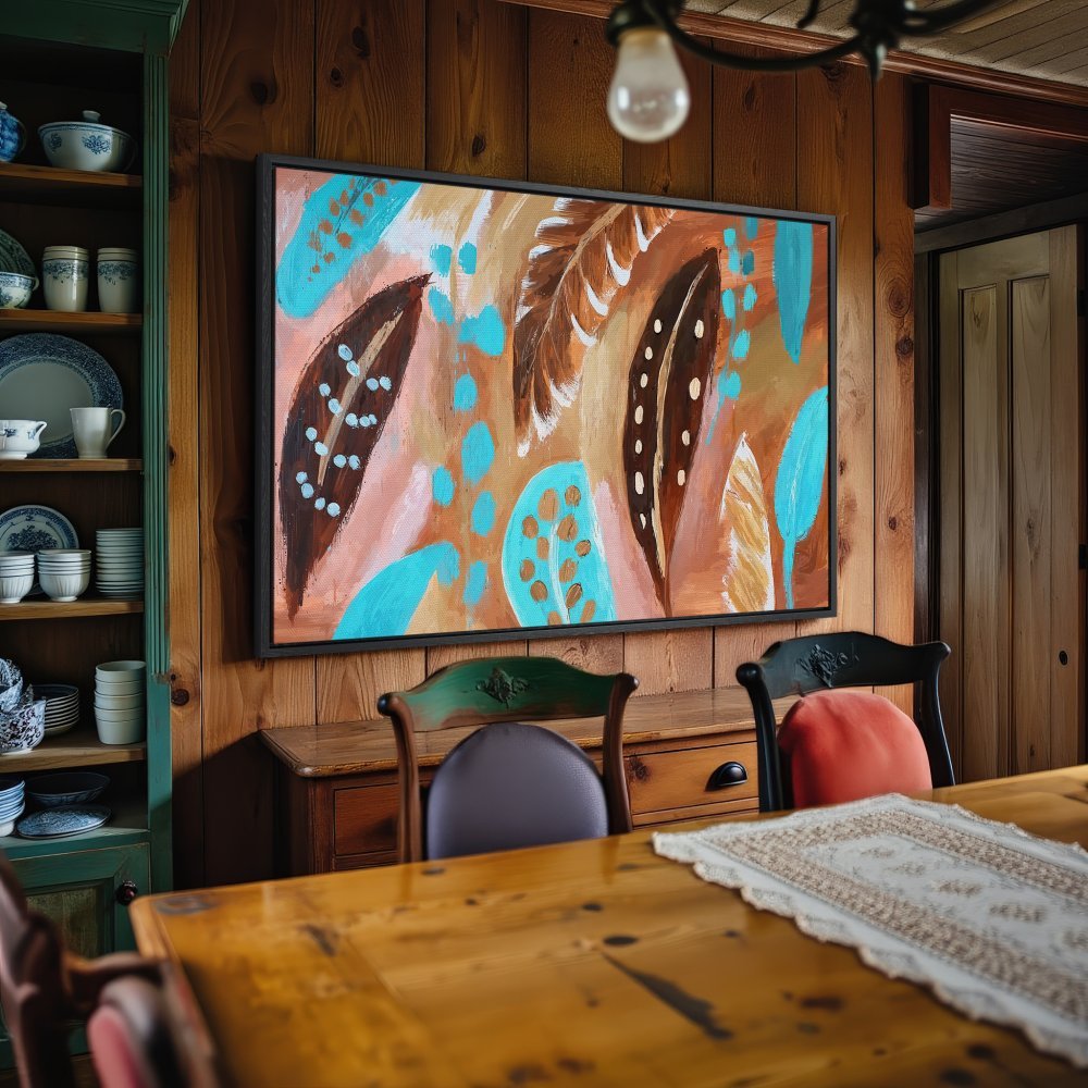 Abstract feather Canvas Print in teal, brown, & peach tones. Modern framed wall art for rustic home decor.