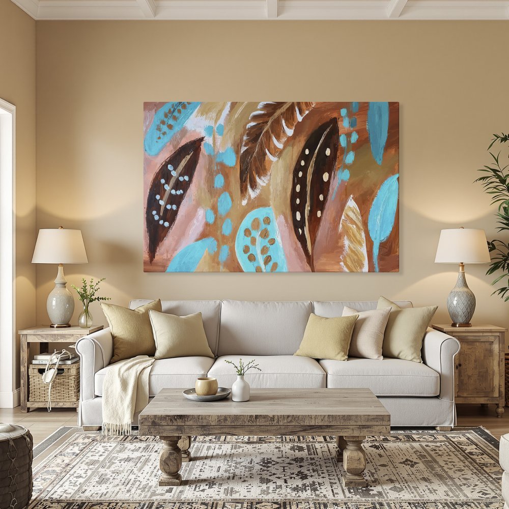 Framed Wall Art: Abstract feather design in brown, teal, and gold. Modern canvas print perfect for adding a pop of color to your home decor.