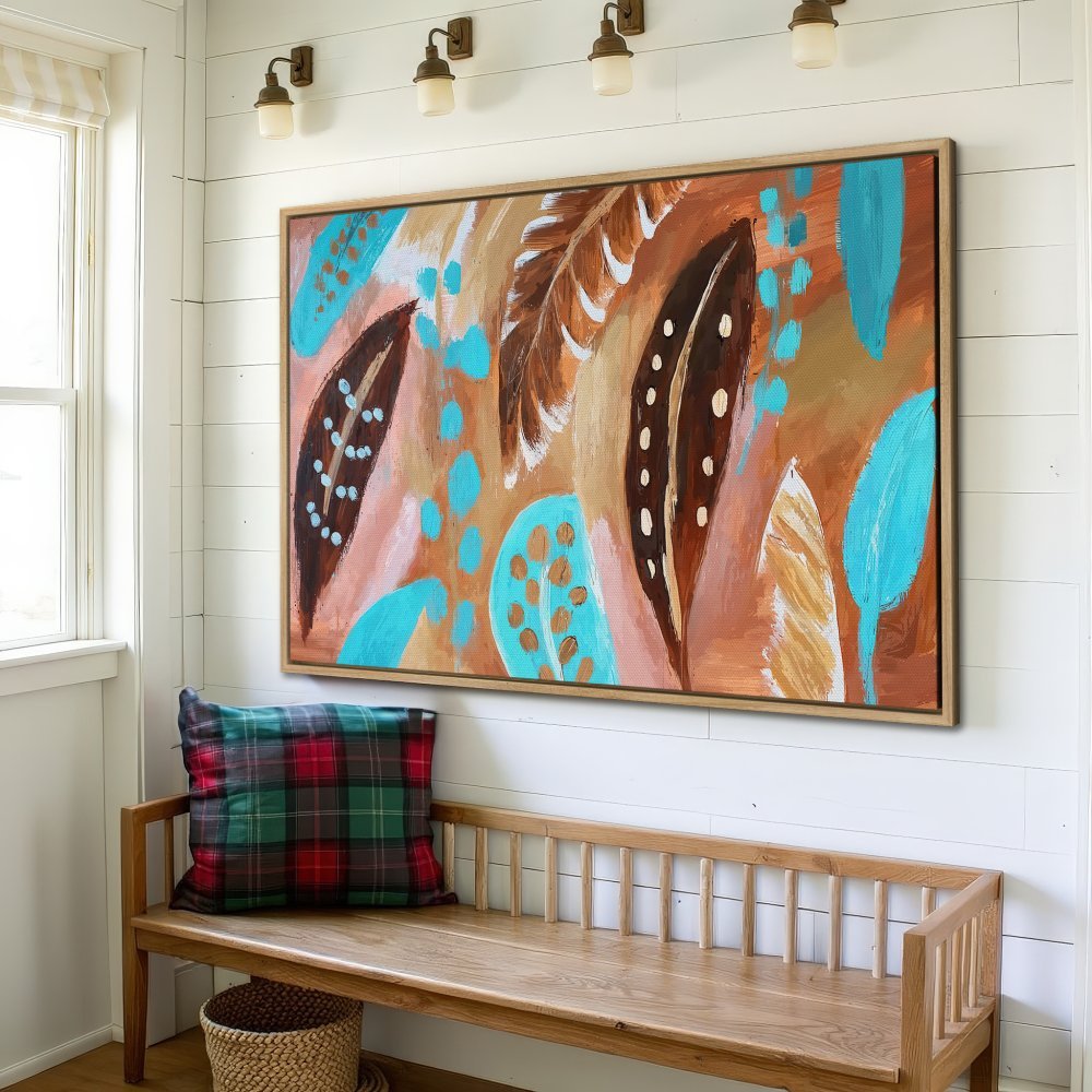 Framed Wall Art: Abstract feather design in teal, brown, and gold. Modern canvas print for living room or bedroom decor.