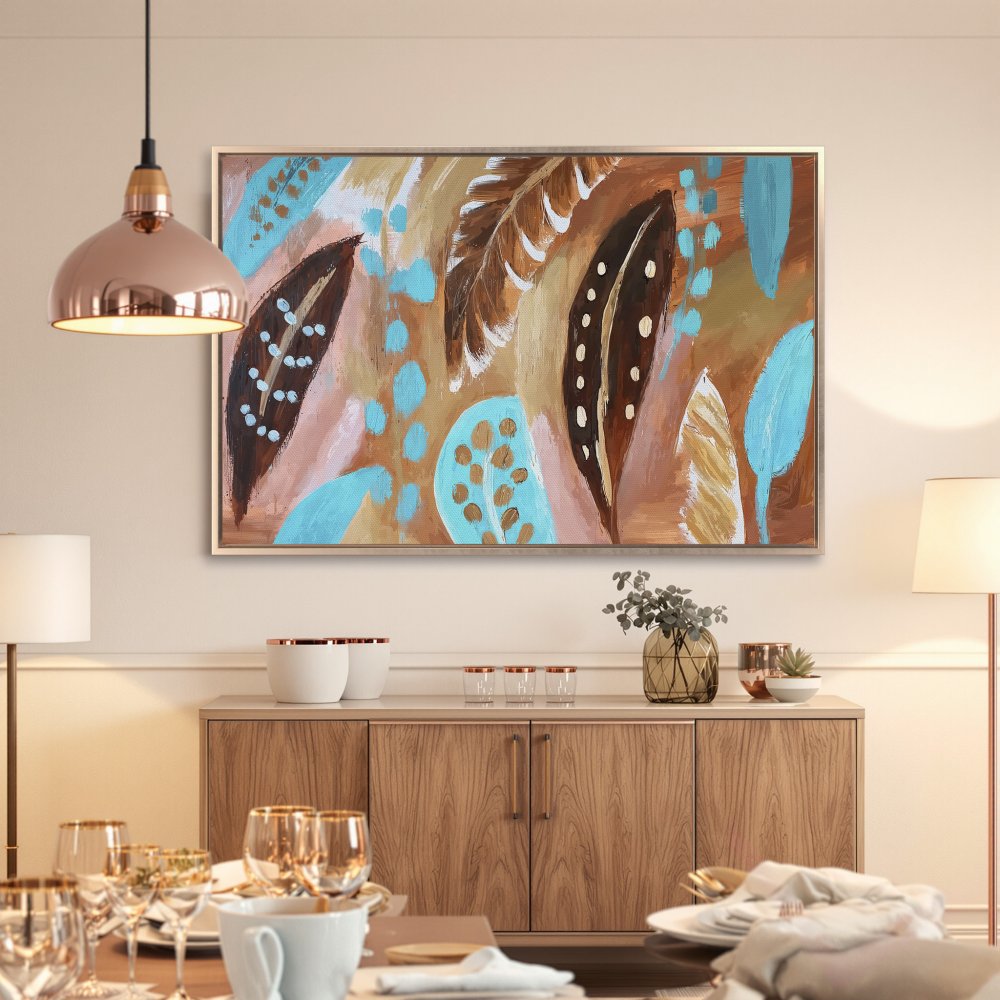 Framed Wall Art: Abstract feather design in brown, teal, and gold. Modern canvas print adds a stylish touch to any interior.