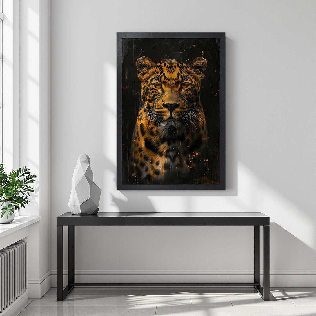 Framed Poster featuring a striking leopard portrait in warm orange and black tones, perfect for modern home decor.