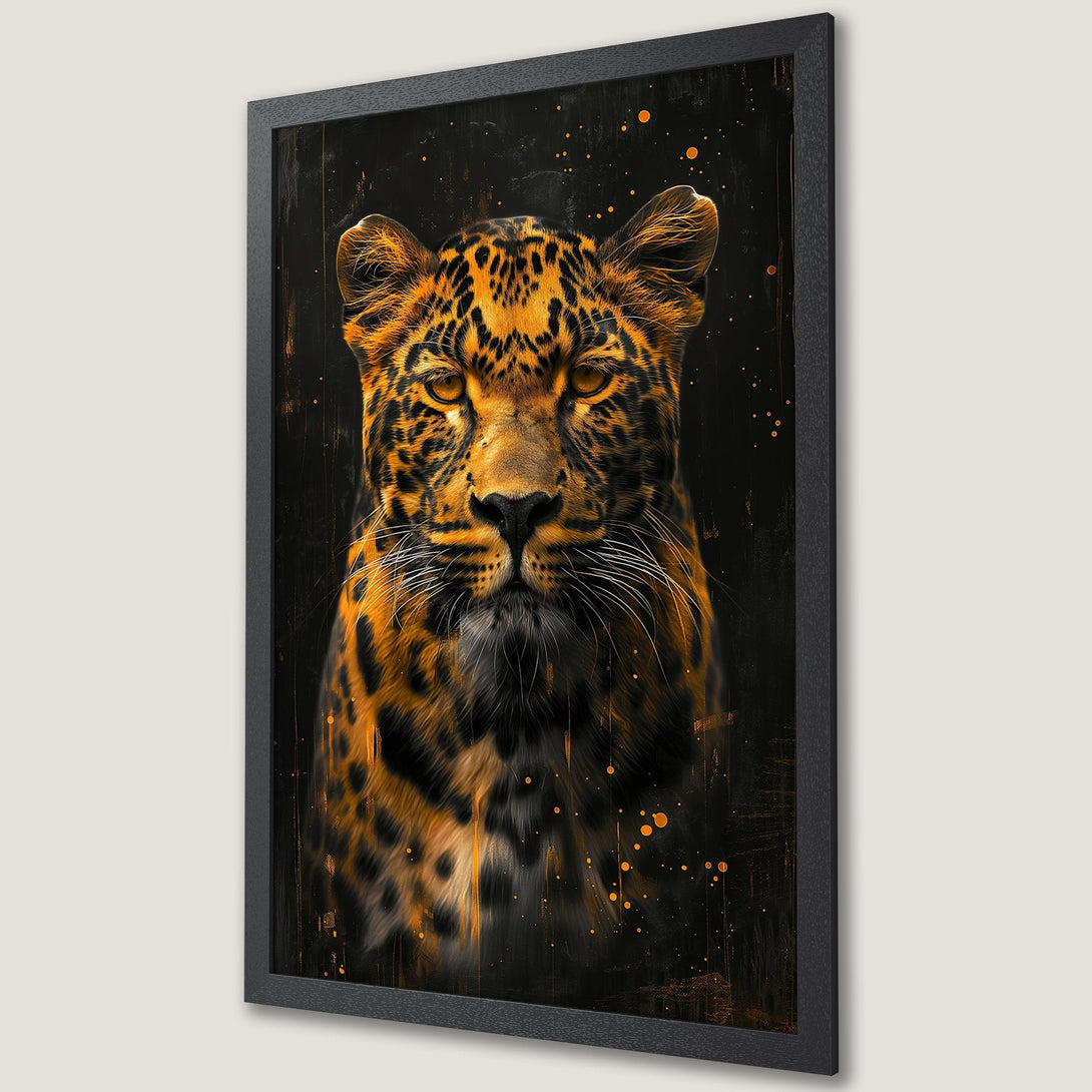Framed Poster featuring a majestic leopard portrait. Modern art style with a black and orange color palette, perfect wall decor.