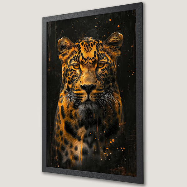 Framed Poster featuring a majestic leopard portrait. Modern art style with a black and orange color palette, perfect wall decor.
