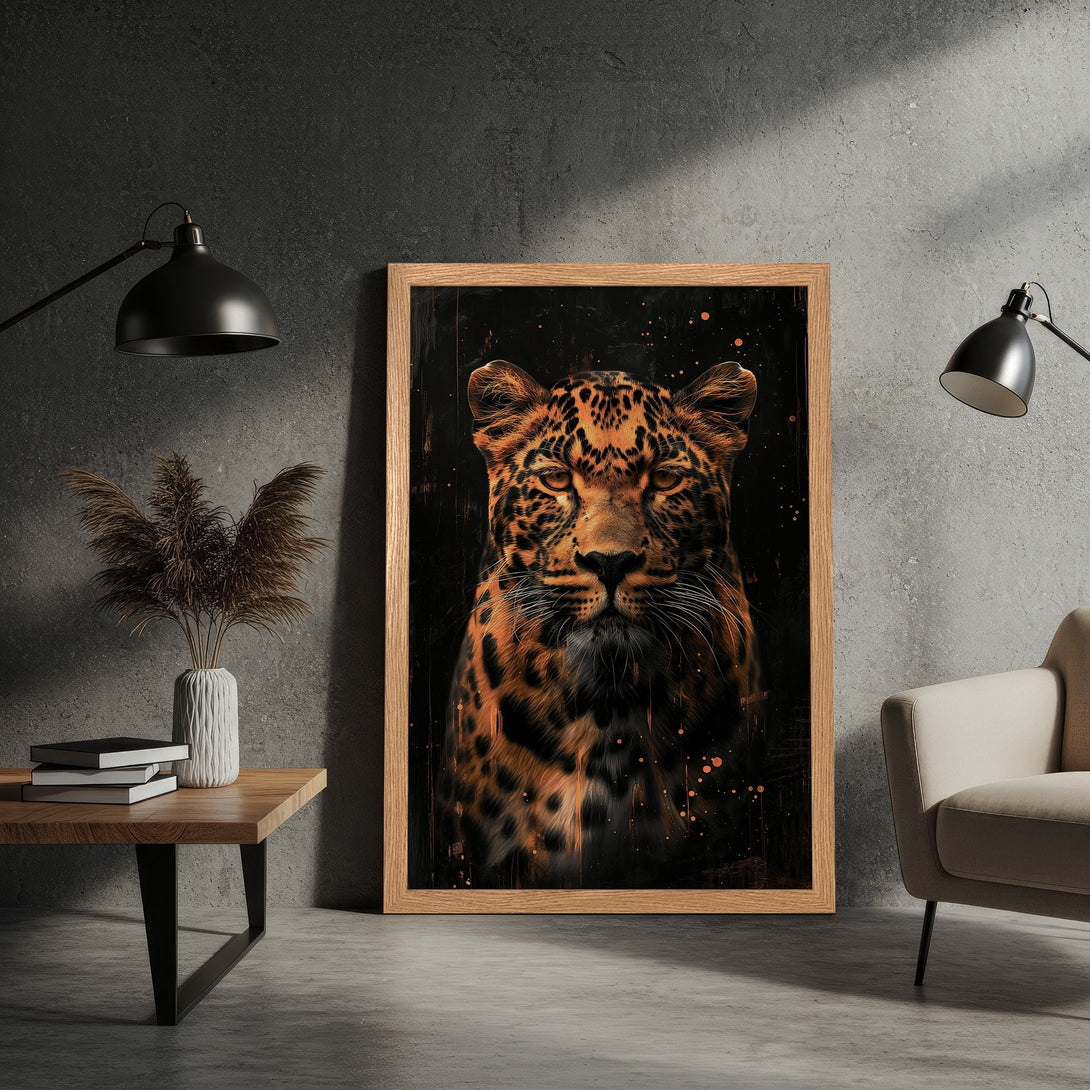 Framed Poster featuring a majestic leopard portrait. Modern art style with a black and orange color palette. Add a touch of wild to your home decor!