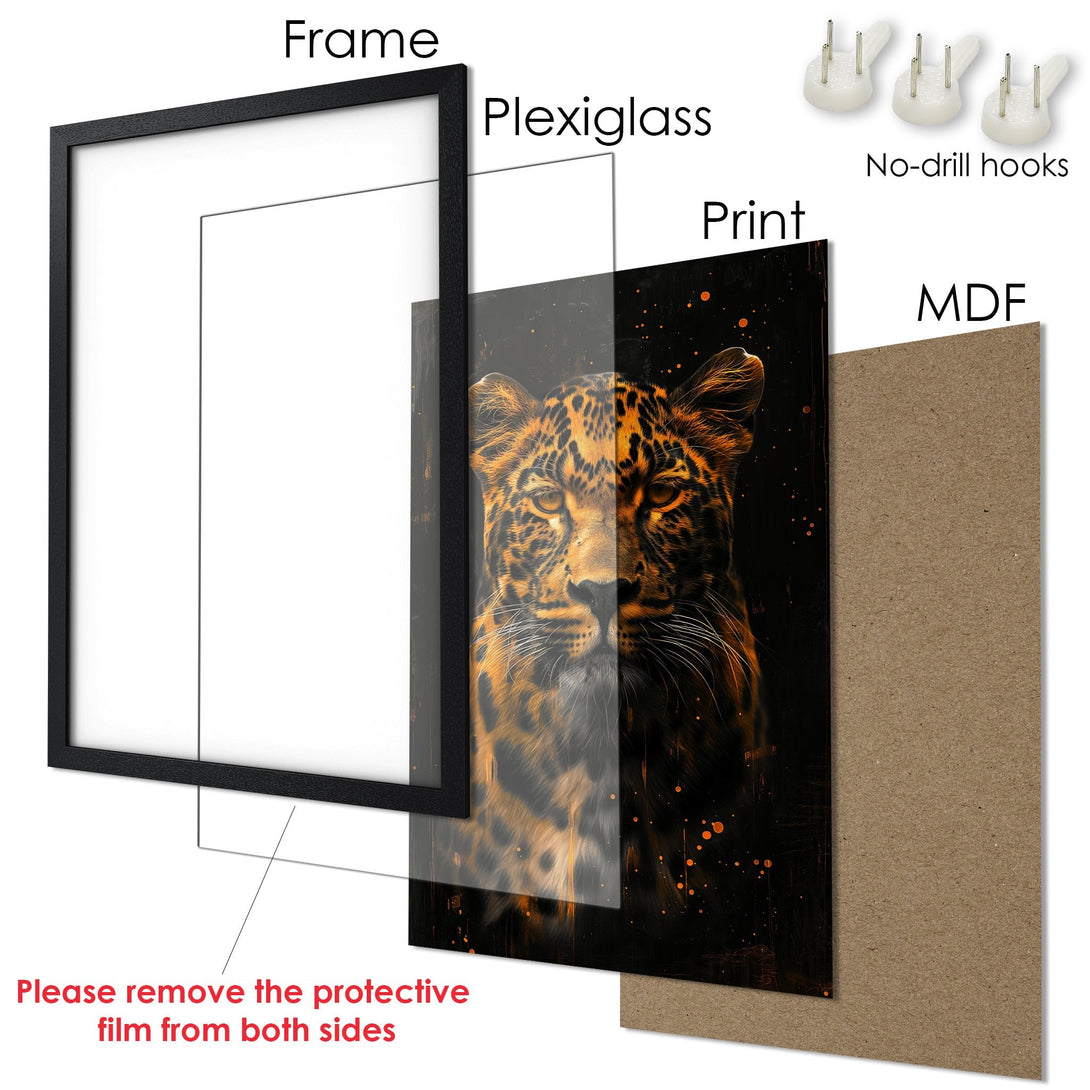 Framed Poster featuring a majestic leopard in a striking black and orange color palette. Perfect art for your home!