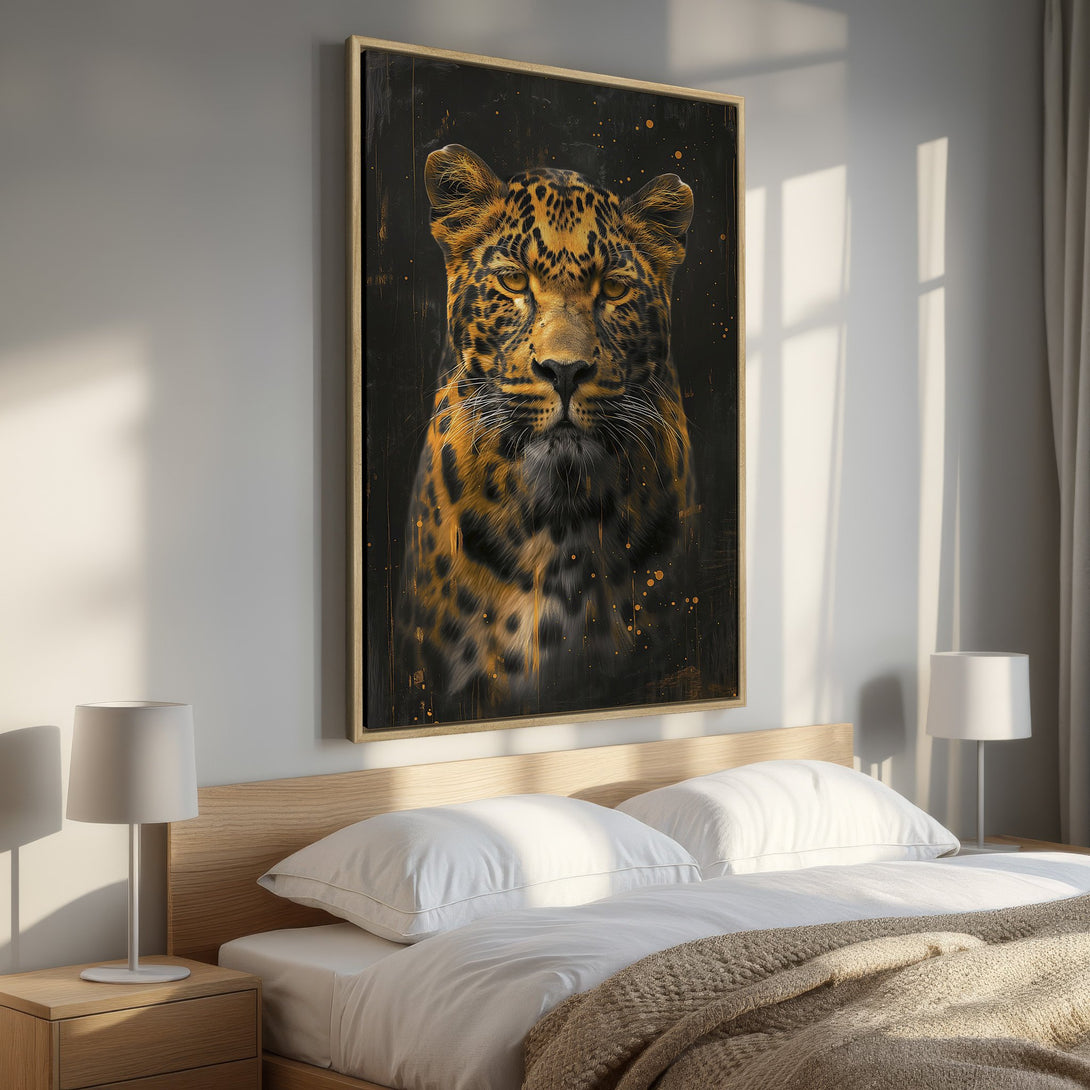 Framed Wall Art: Stunning leopard portrait in gold and black hues. Modern canvas print adds a touch of wild elegance to any bedroom decor. Shop now!