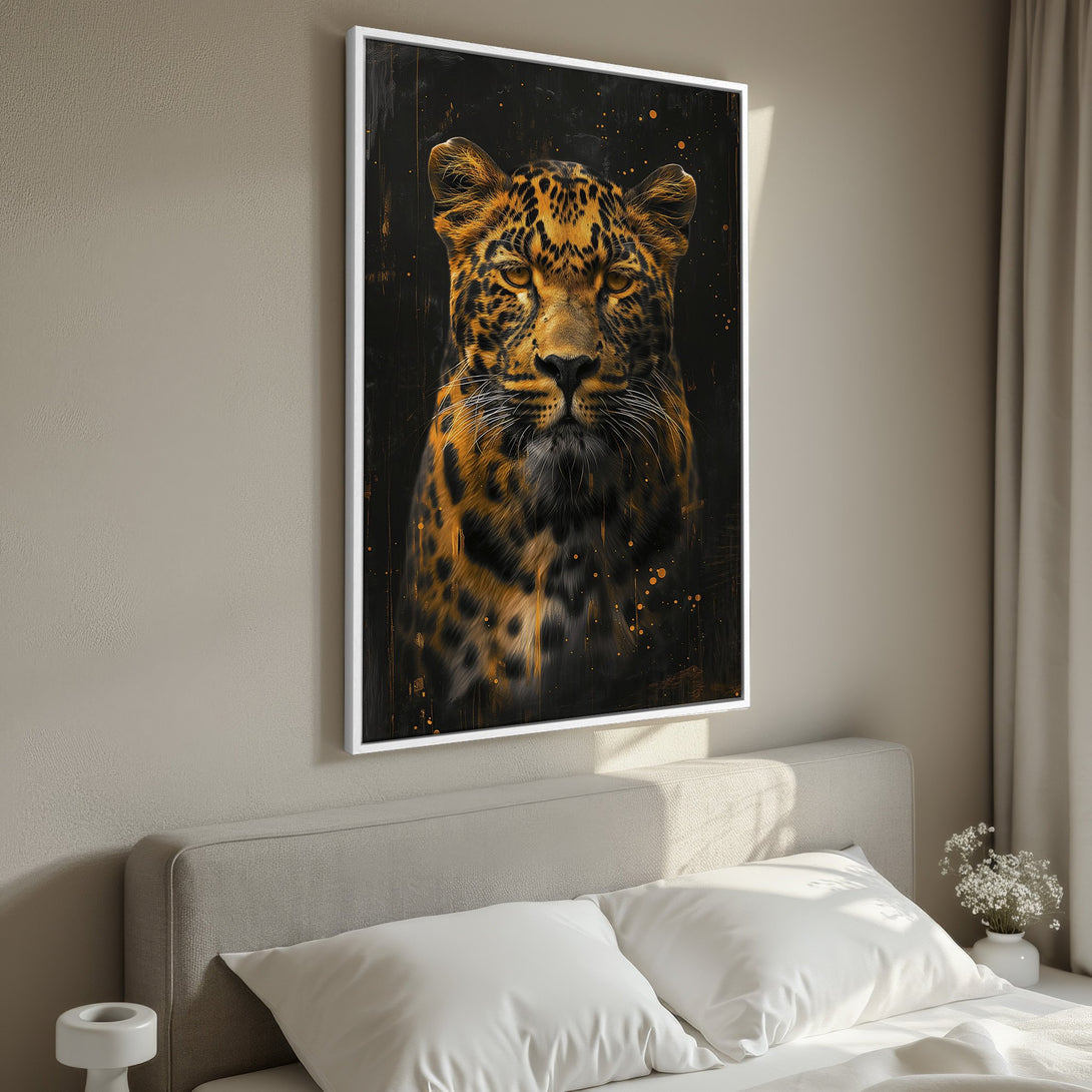 Framed Wall Art featuring a striking leopard portrait in a modern style with a black and gold color palette, perfect for bedroom decor.