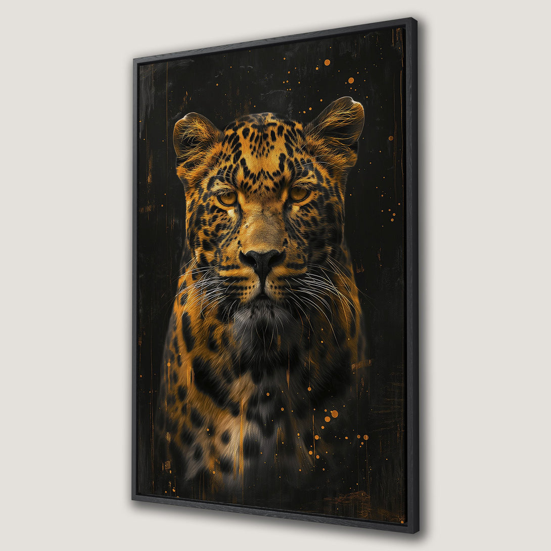 Framed Wall Art featuring a majestic leopard portrait in a striking black and gold color palette. Add a touch of wild elegance to your home!