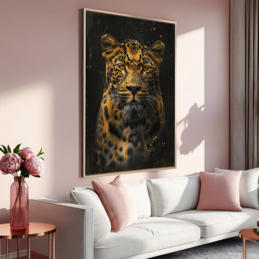 Framed Wall Art: Stunning leopard portrait in gold and black, perfect for modern decor. Adds a touch of wild elegance to any room. Shop now!