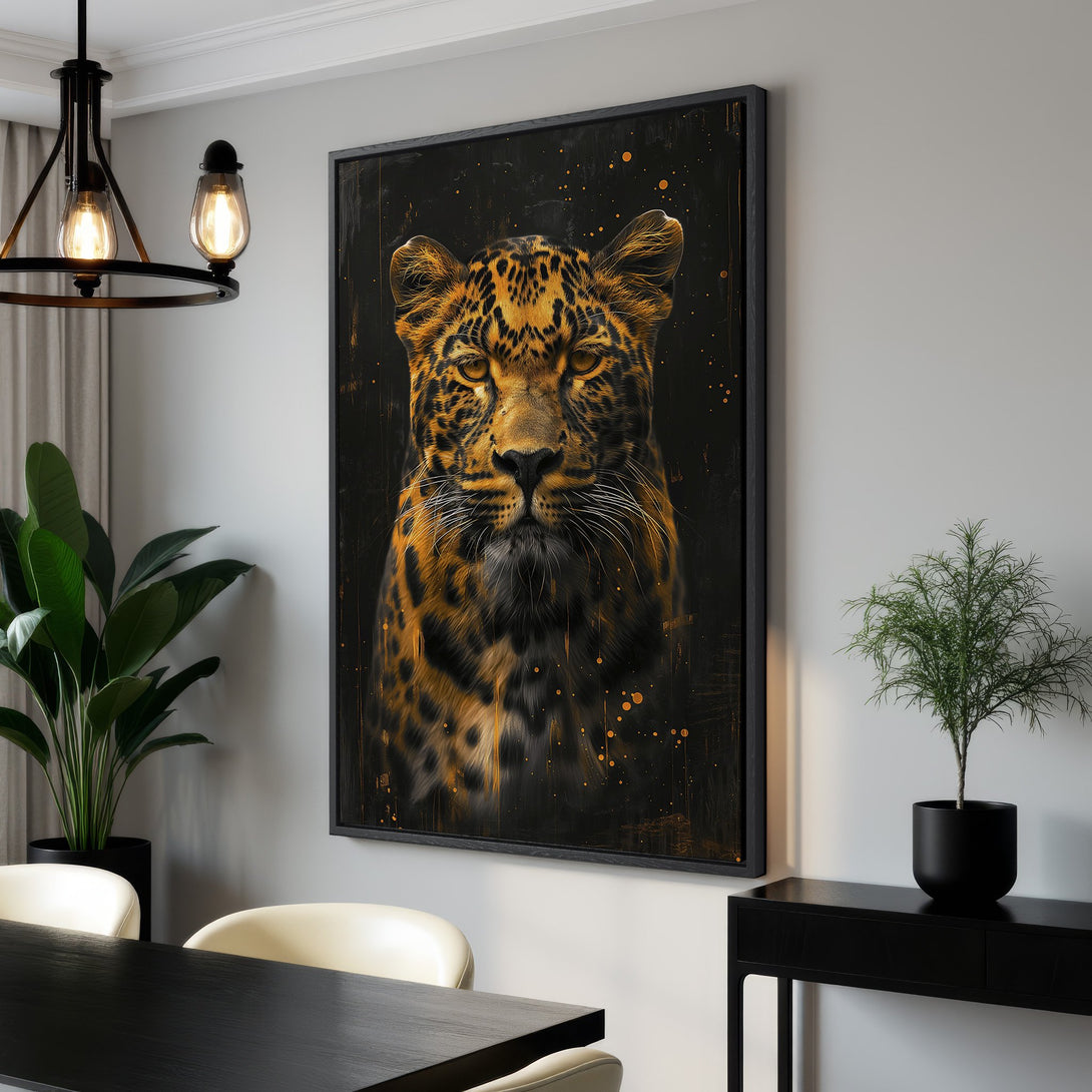 Framed Wall Art: Dramatic leopard portrait in a modern interior. Black and gold color palette. Enhance your space with this stunning canvas print!