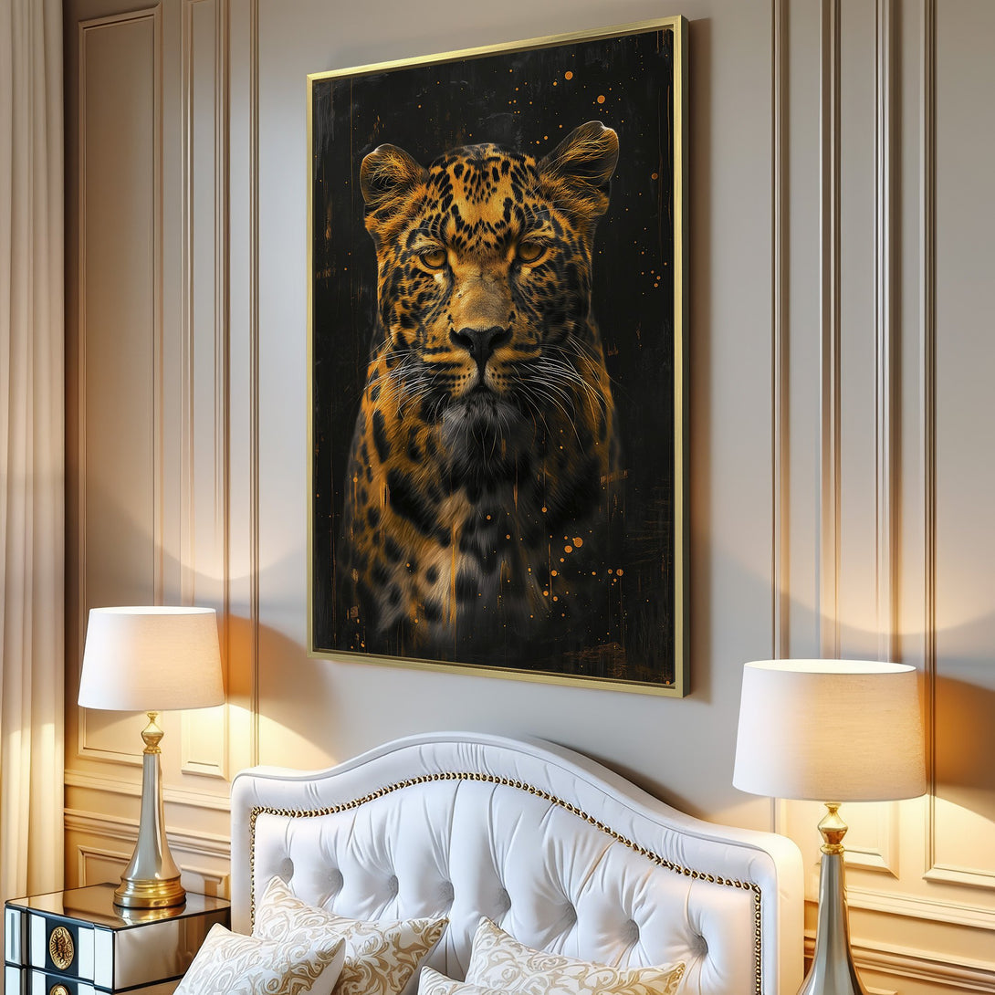 Canvas Print of a majestic leopard portrait in a modern style with a black and gold color palette, perfect for living room decor.